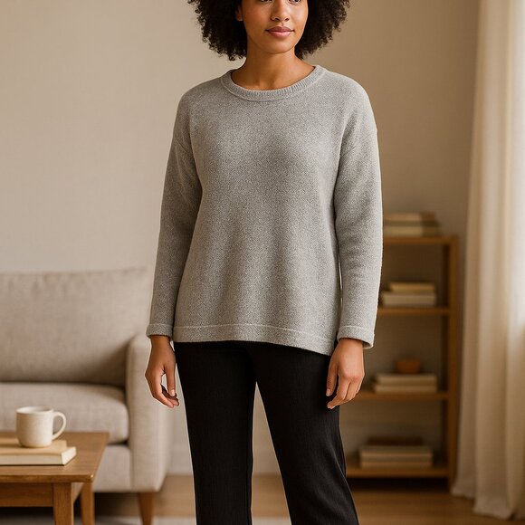 Eileen Fisher Gray Cotton Knit Sweater Variegated Textured Crewneck Size L - Picture 1 of 6
